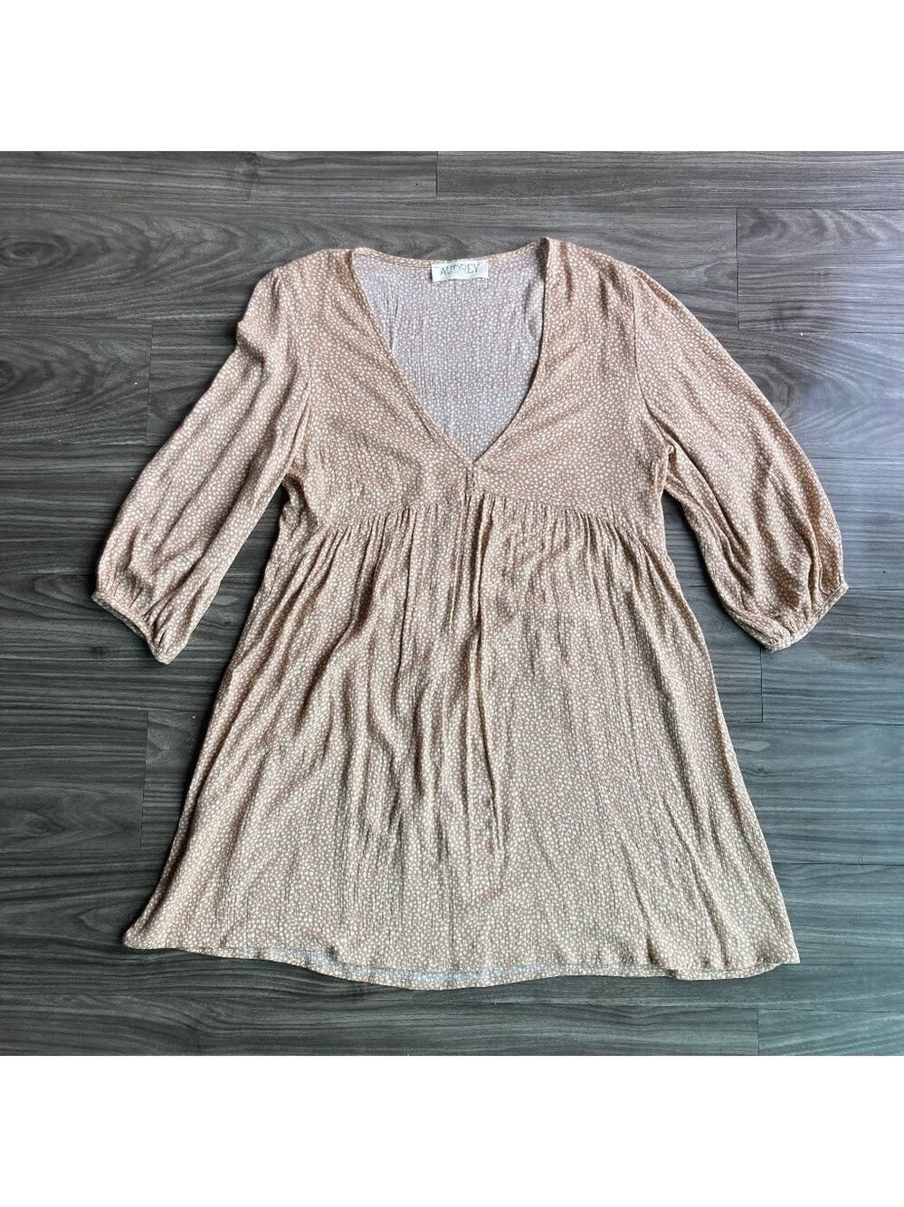 Audrey 3+1 Womens Long Sleeve Dress Brown and Cream Dot Pattern